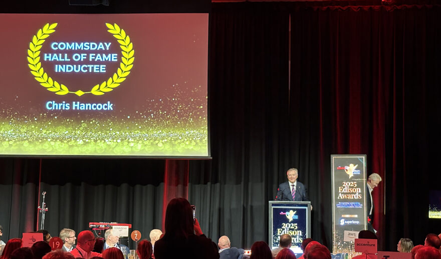AARNet CEO Chris Hancock AM being inducted into the Communications Day (CommsDay) Hall Of Fame in June 2025